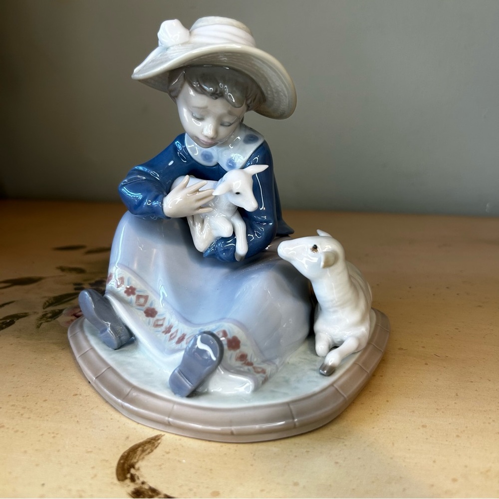 Lladro Porcelain Lambkins Girl in Hat Sitting Holding Lamb Blue Glossy Figurine